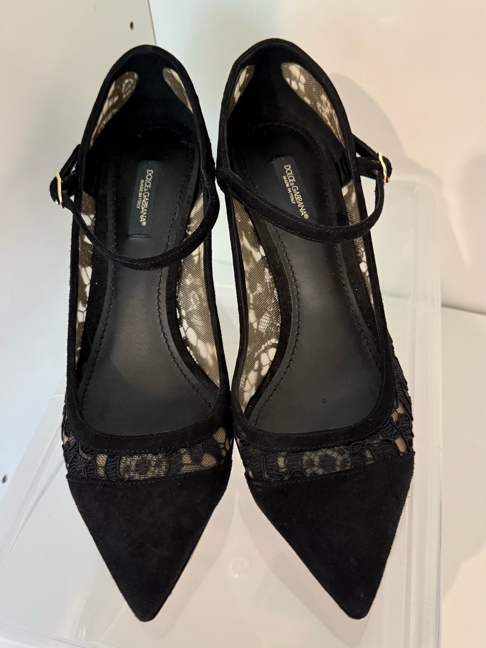 Dolce & Gabbana Black Lace Mary Jane Pumps with Suede Trim kitten heel